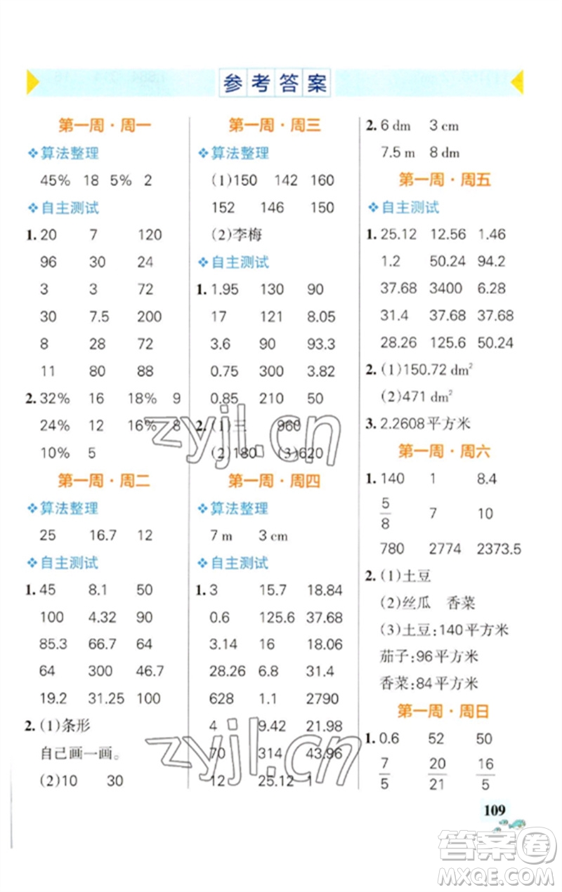 遼寧教育出版社2023小學學霸天天計算六年級數(shù)學下冊蘇教版參考答案