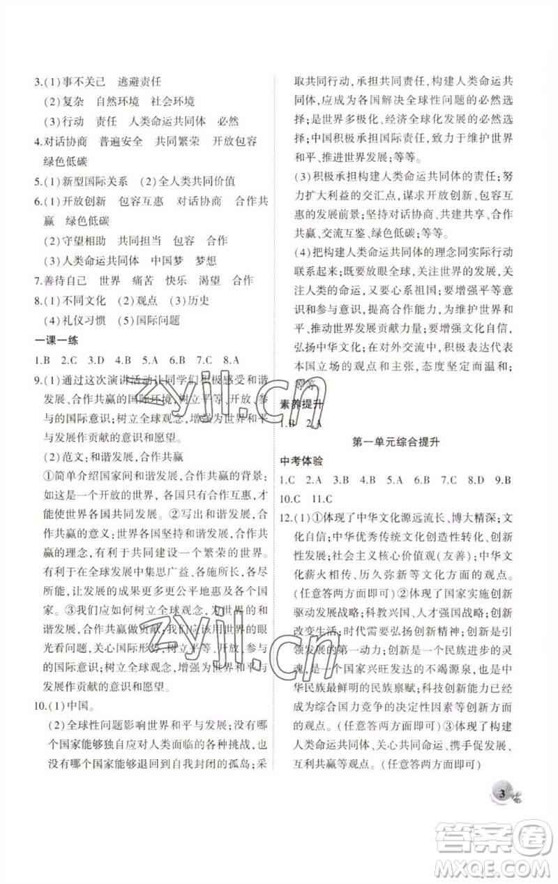 安徽大學出版社2023創(chuàng)新課堂創(chuàng)新作業(yè)本九年級道德與法治下冊部編版參考答案