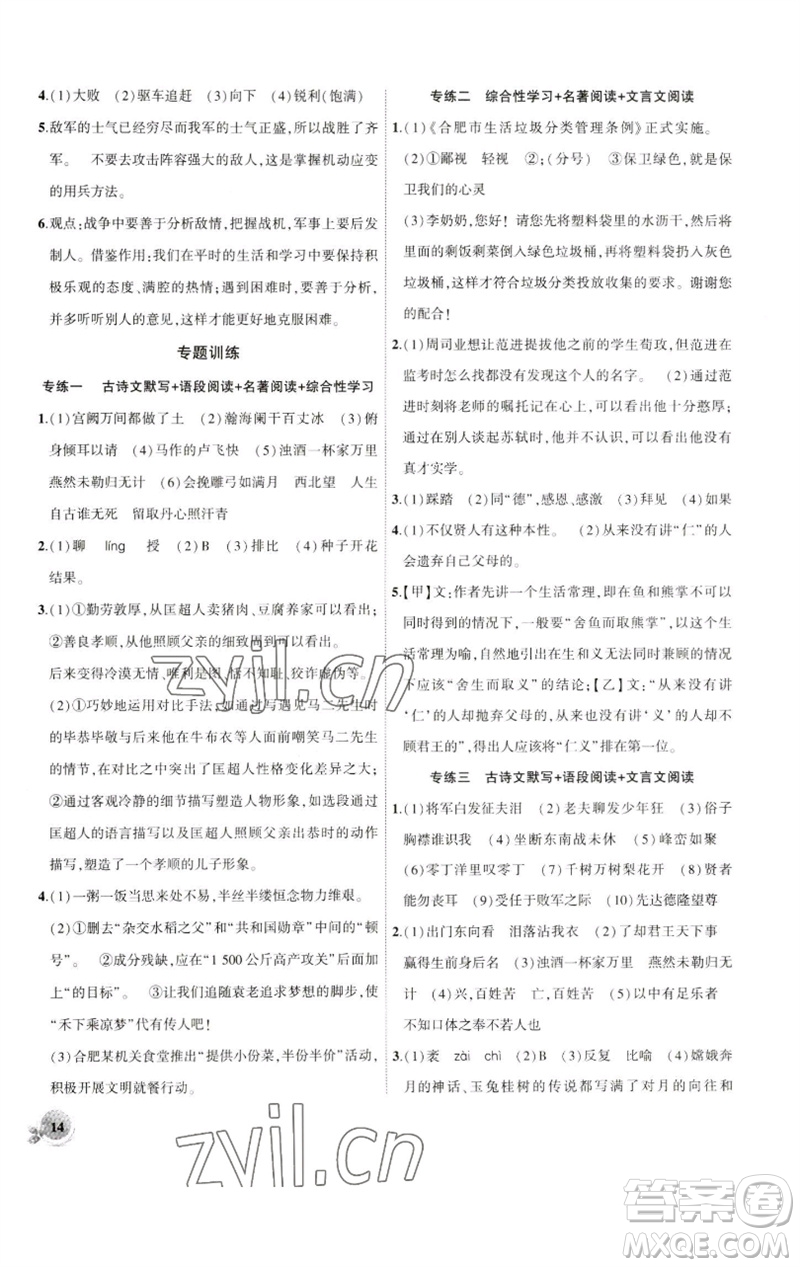 安徽大學(xué)出版社2023創(chuàng)新課堂創(chuàng)新作業(yè)本九年級語文下冊部編版參考答案