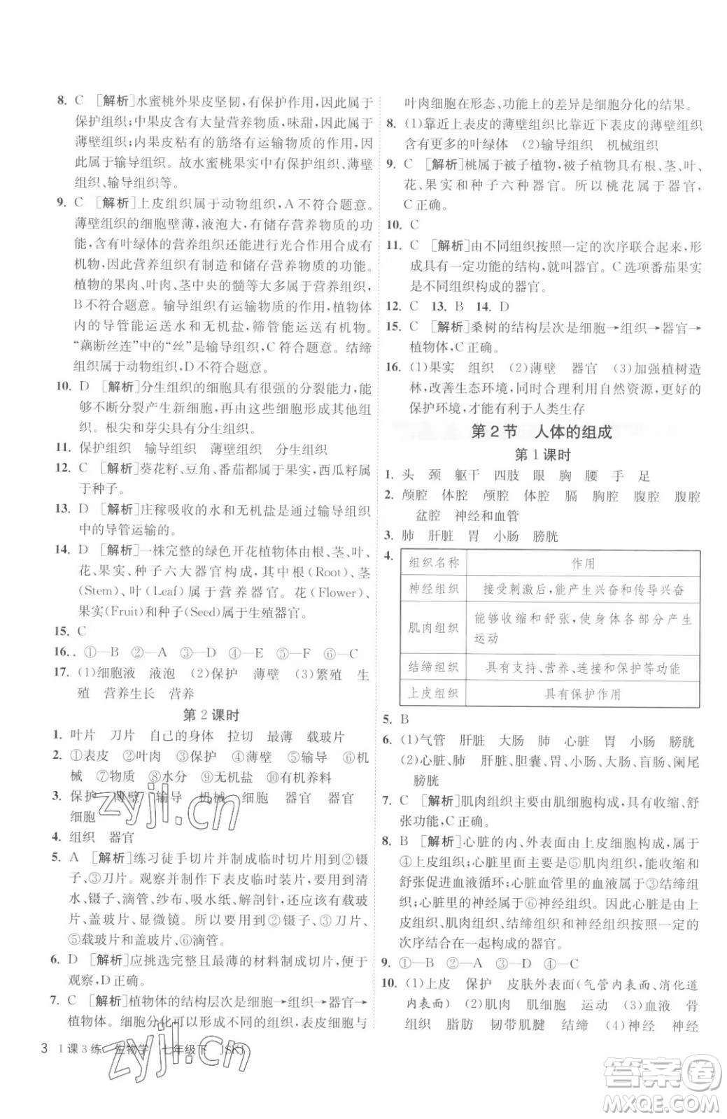 江蘇人民出版社2023春季1課3練單元達(dá)標(biāo)測(cè)試七年級(jí)下冊(cè)生物蘇科版參考答案