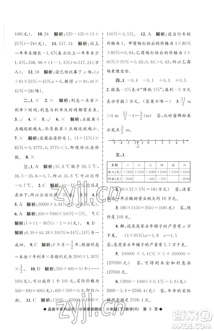 浙江工商大學(xué)出版社2023孟建平小學(xué)滾動測試六年級下冊數(shù)學(xué)人教版參考答案