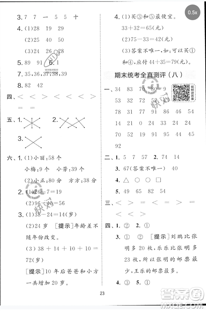 江蘇人民出版社2023春實驗班提優(yōu)大考卷一年級數(shù)學(xué)下冊北師大版參考答案