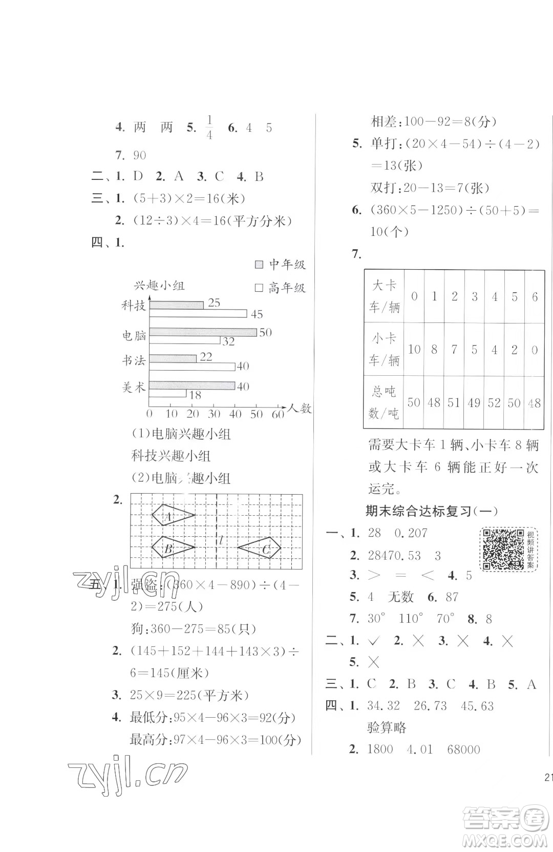 江蘇人民出版社2023春季1課3練單元達標測試四年級下冊數學人教版參考答案