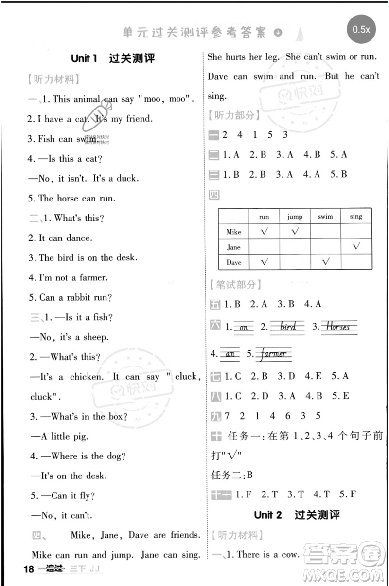 延邊教育出版社2023一遍過(guò)三年級(jí)英語(yǔ)下冊(cè)三起點(diǎn)冀教版參考答案