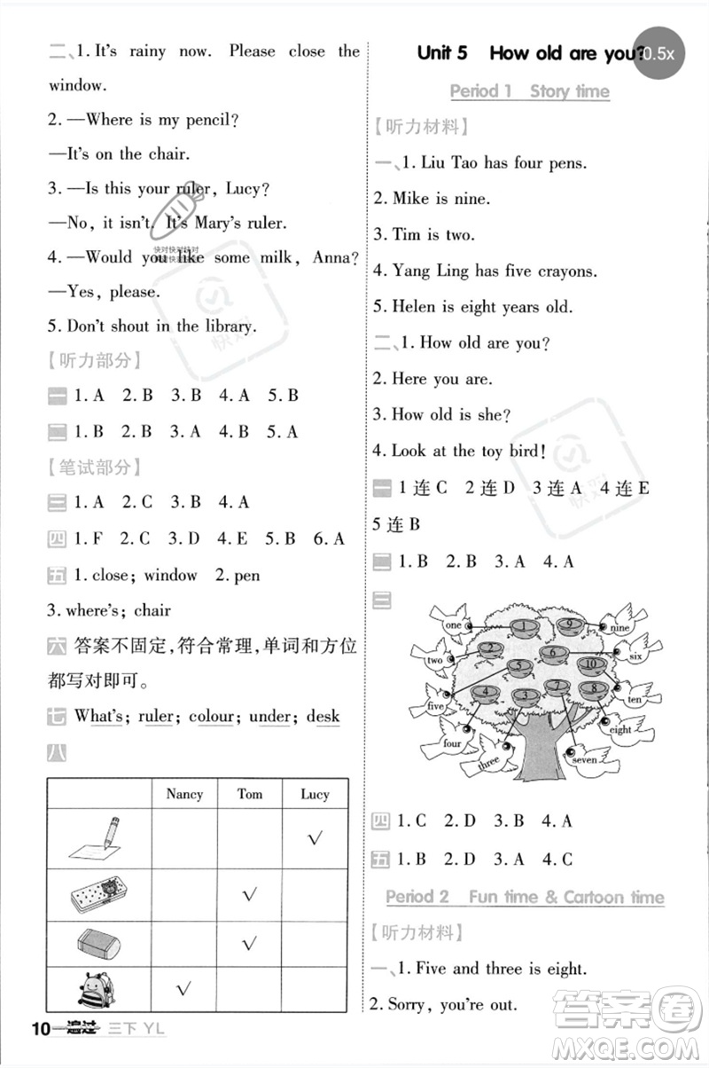 延邊教育出版社2023一遍過三年級英語下冊三起點(diǎn)譯林版參考答案