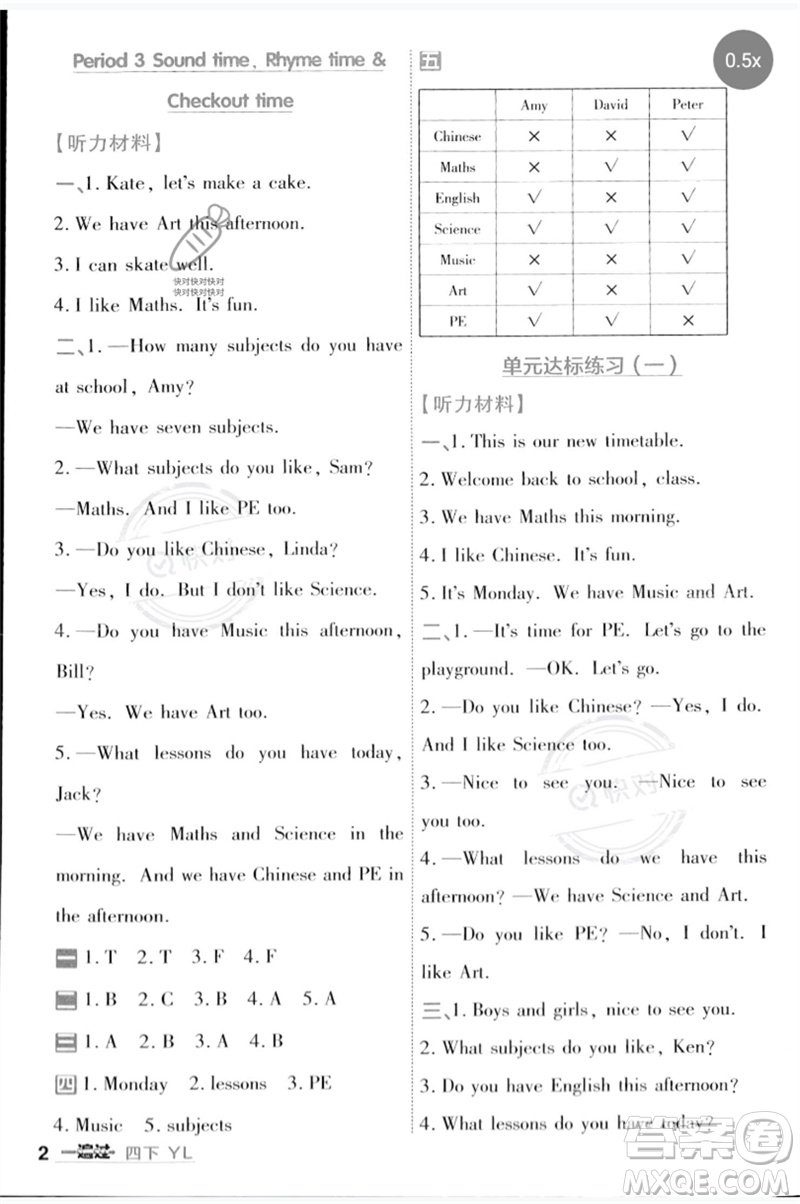 延邊教育出版社2023一遍過四年級英語下冊三起點譯林版參考答案