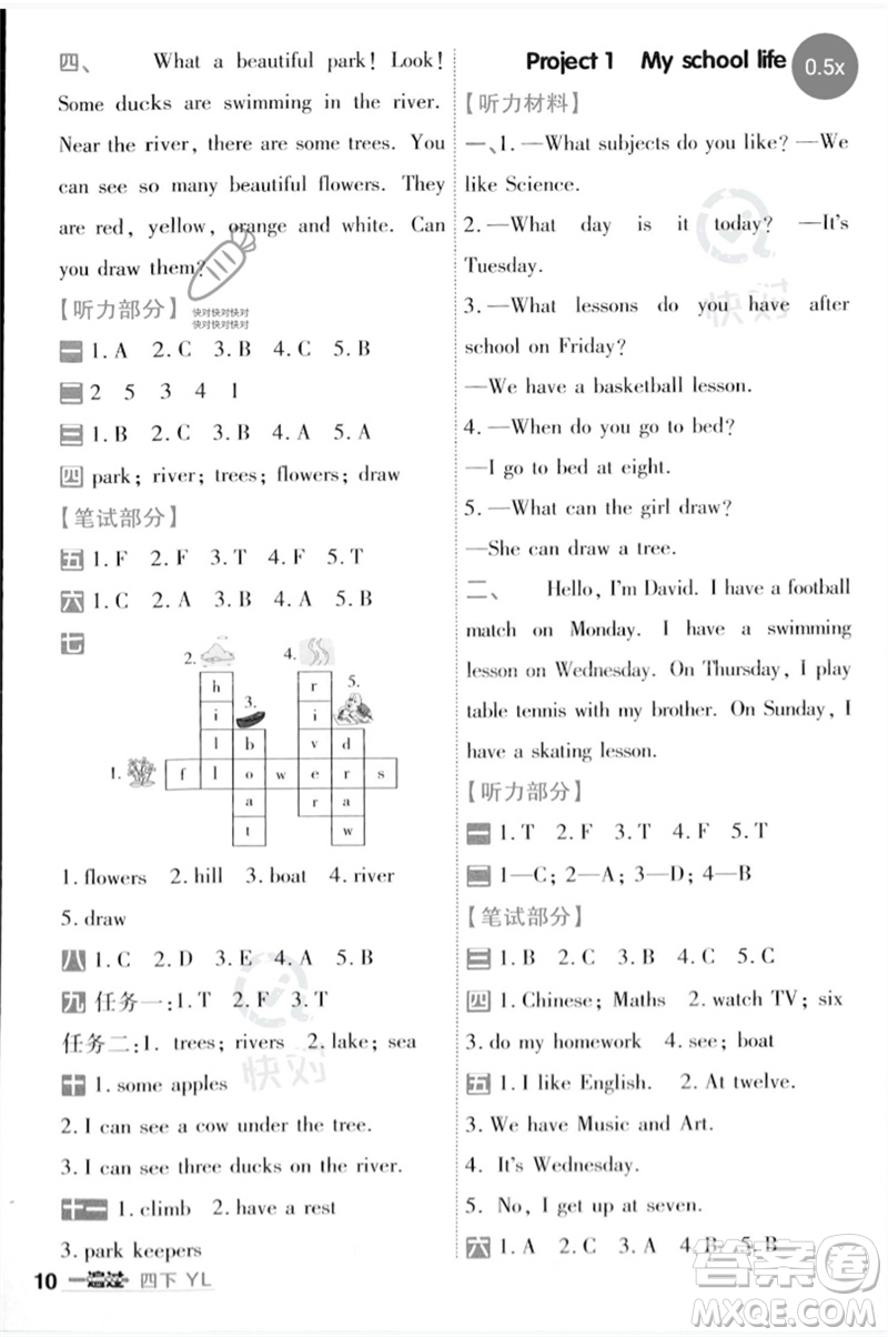 延邊教育出版社2023一遍過四年級英語下冊三起點譯林版參考答案