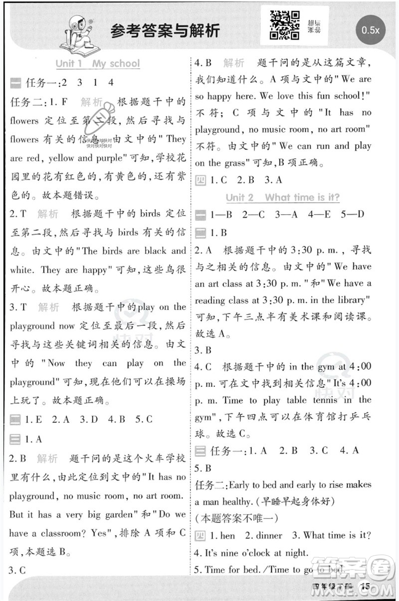 南京師范大學(xué)出版社2023一遍過四年級英語下冊三起點(diǎn)人教PEP版參考答案