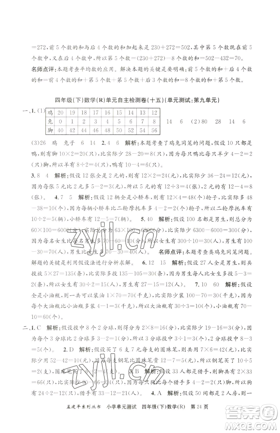 浙江工商大學(xué)出版社2023孟建平小學(xué)單元測(cè)試四年級(jí)下冊(cè)數(shù)學(xué)人教版參考答案