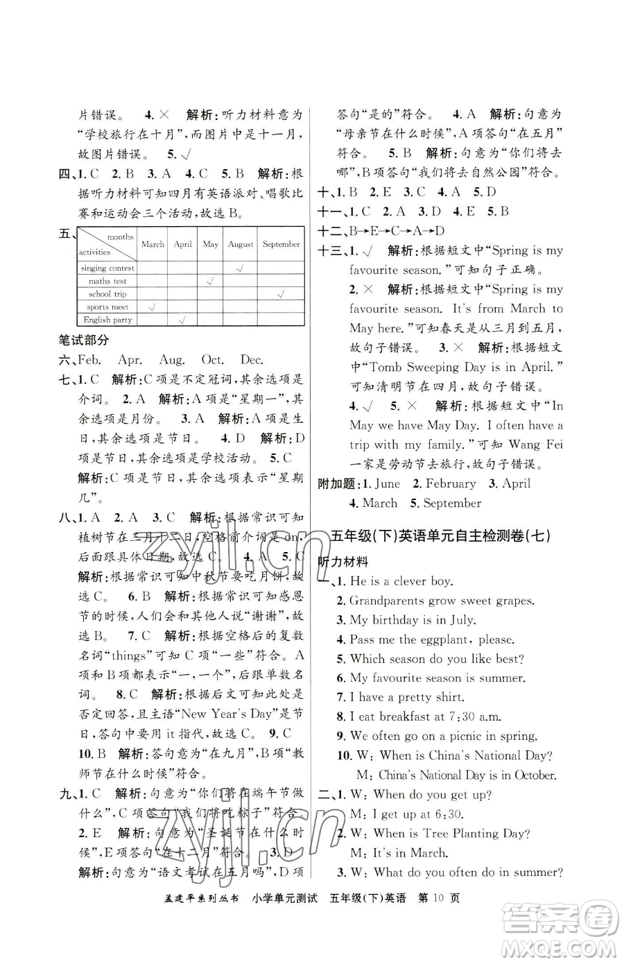 浙江工商大學(xué)出版社2023孟建平小學(xué)單元測(cè)試五年級(jí)下冊(cè)英語人教版參考答案