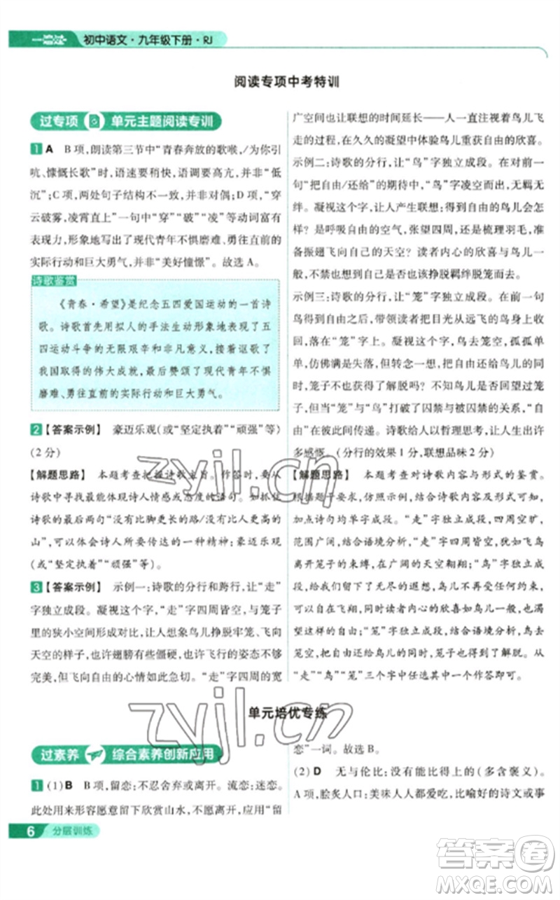 南京師范大學(xué)出版社2023一遍過九年級語文下冊人教版參考答案