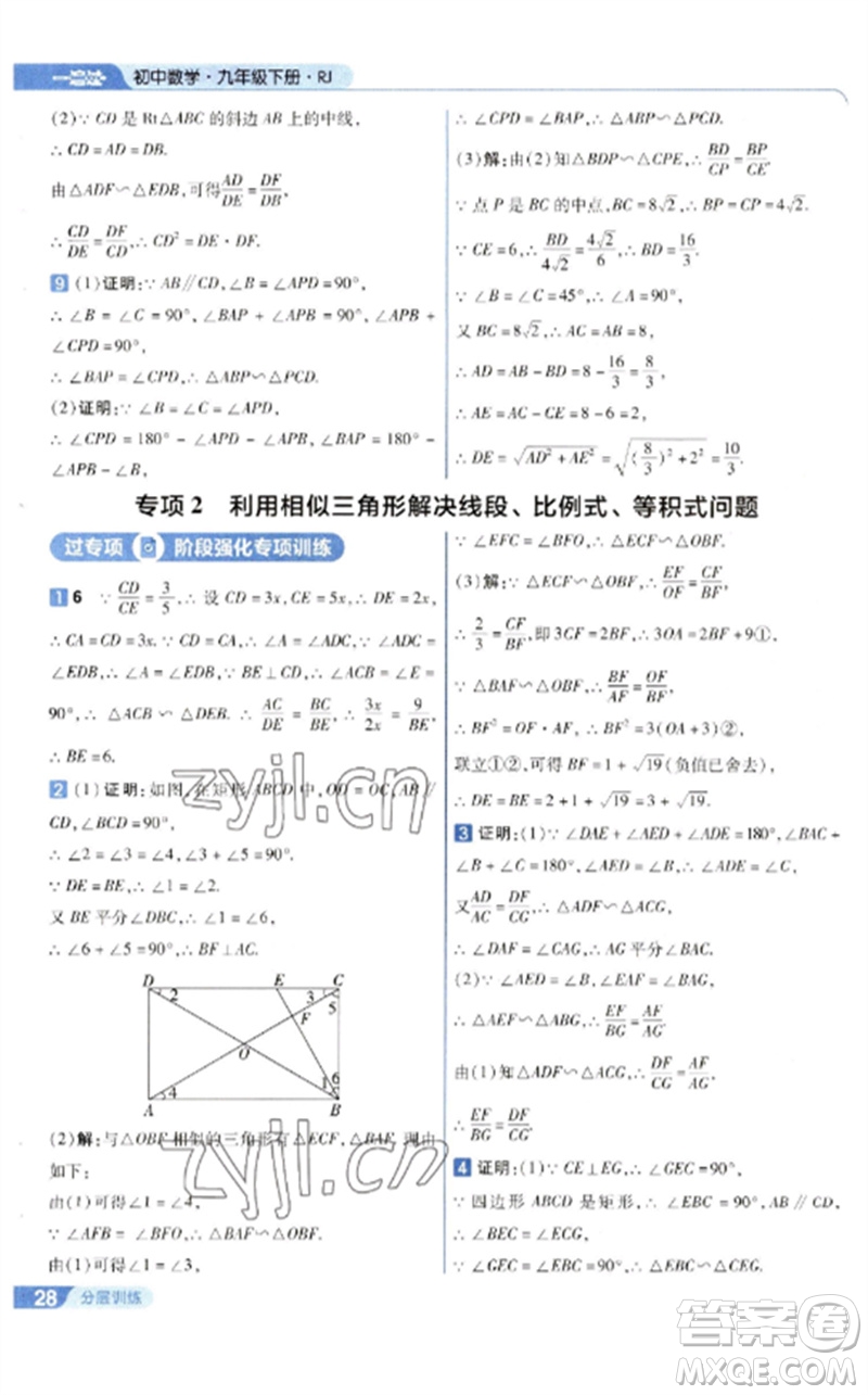 南京師范大學(xué)出版社2023一遍過九年級(jí)數(shù)學(xué)下冊(cè)人教版參考答案