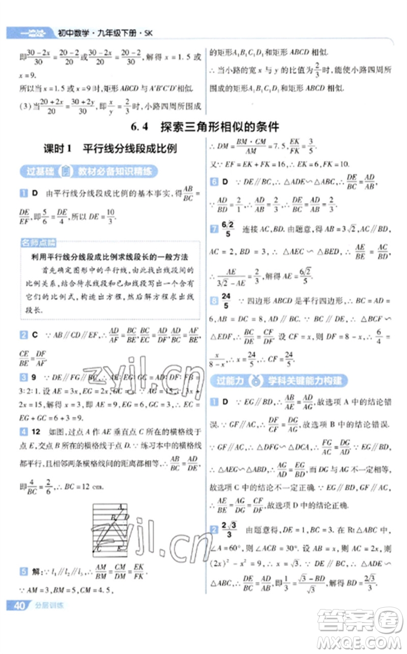 南京師范大學出版社2023一遍過九年級數(shù)學下冊蘇科版參考答案