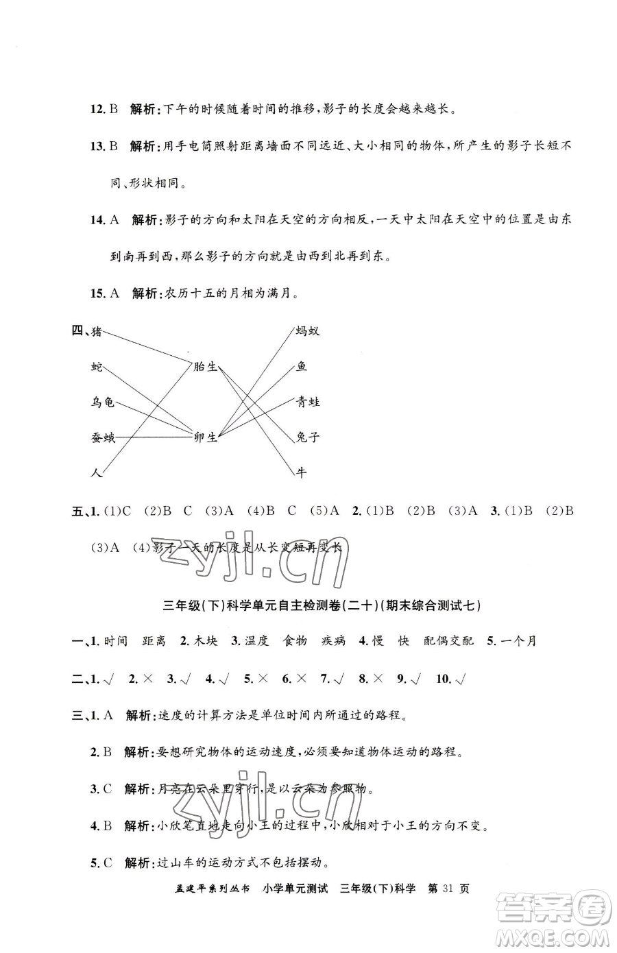 浙江工商大學(xué)出版社2023孟建平小學(xué)單元測(cè)試三年級(jí)下冊(cè)科學(xué)教科版參考答案