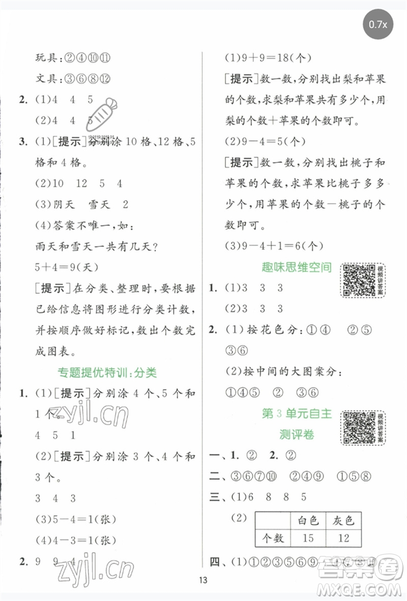 江蘇人民出版社2023實(shí)驗(yàn)班提優(yōu)訓(xùn)練一年級數(shù)學(xué)下冊人教版參考答案