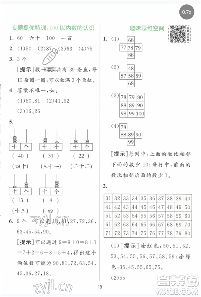 江蘇人民出版社2023實(shí)驗(yàn)班提優(yōu)訓(xùn)練一年級數(shù)學(xué)下冊人教版參考答案