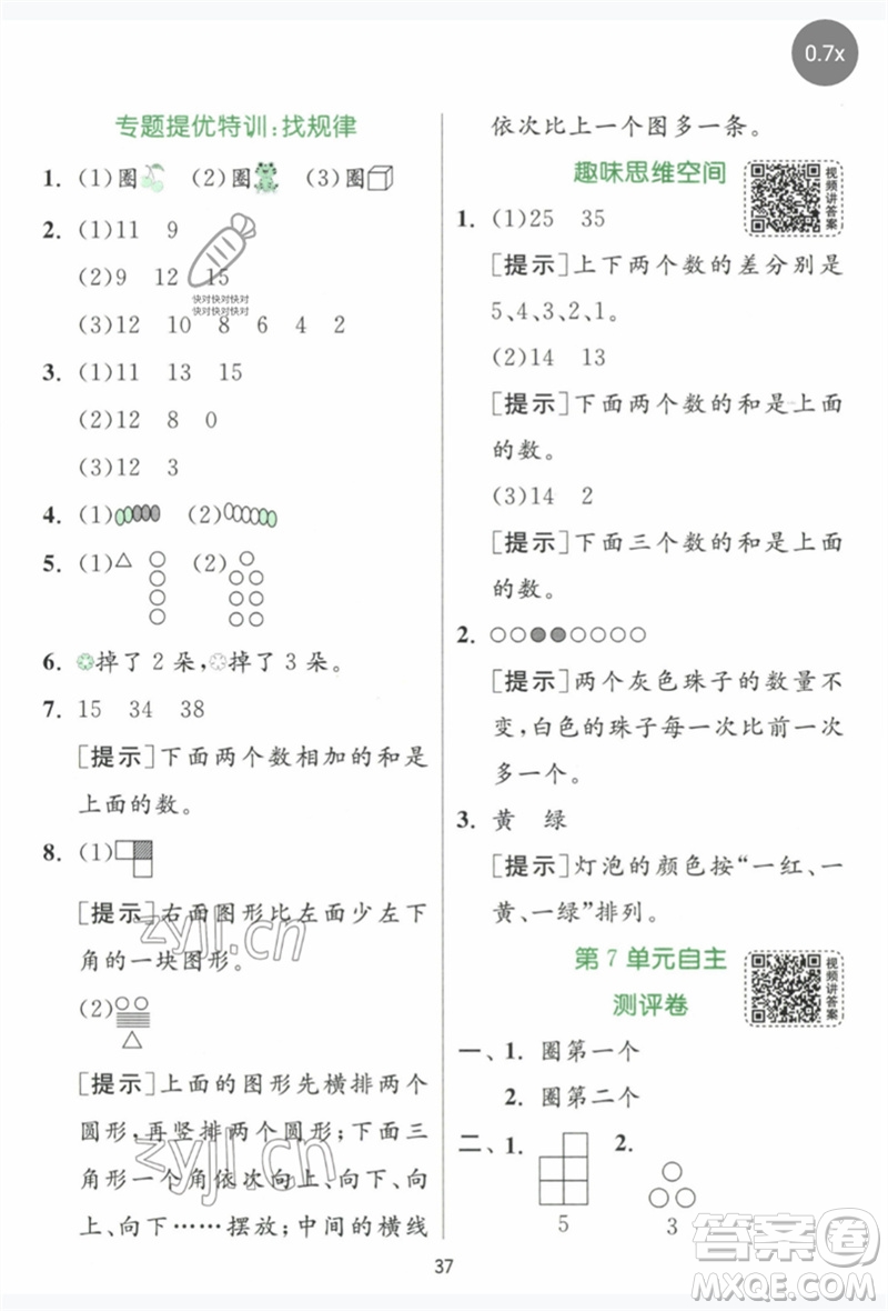 江蘇人民出版社2023實(shí)驗(yàn)班提優(yōu)訓(xùn)練一年級數(shù)學(xué)下冊人教版參考答案