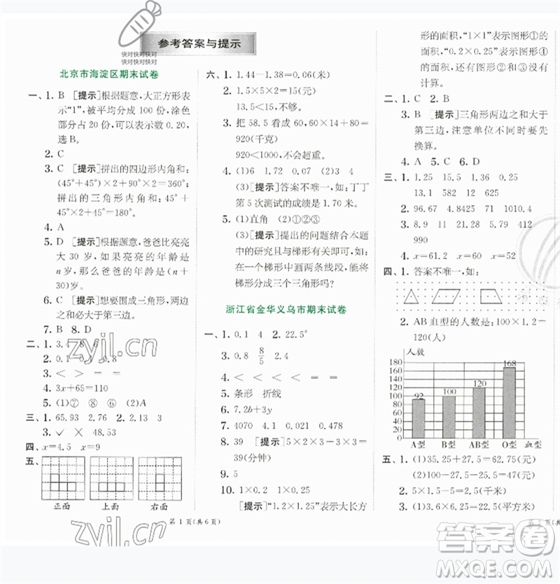 江蘇人民出版社2023實(shí)驗(yàn)班提優(yōu)訓(xùn)練四年級(jí)數(shù)學(xué)下冊(cè)北師大版參考答案