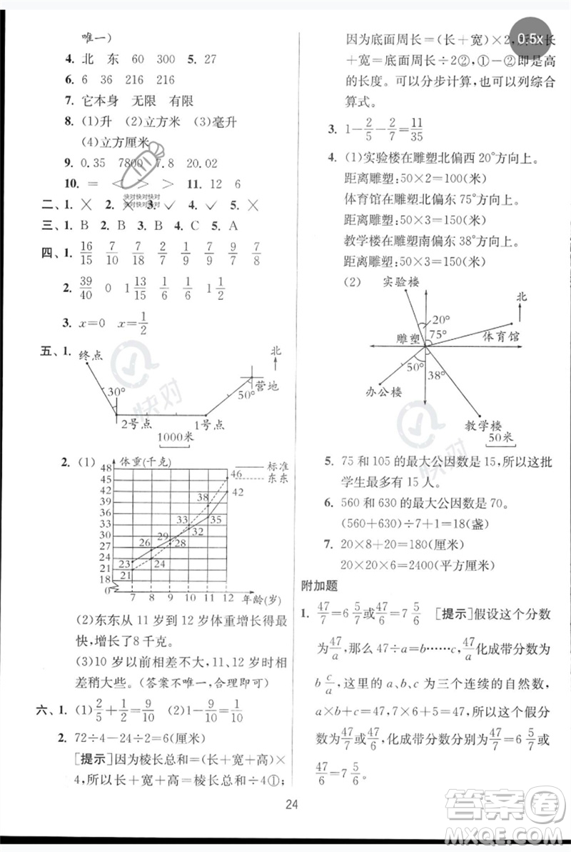 江蘇人民出版社2023實(shí)驗(yàn)班提優(yōu)訓(xùn)練五年級數(shù)學(xué)下冊人教青島版參考答案