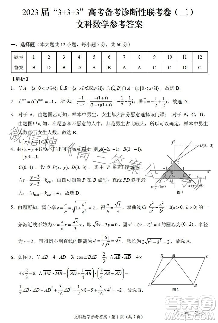 2023屆3+3+3高考備考診斷性聯(lián)考卷二文科數(shù)學(xué)試卷答案