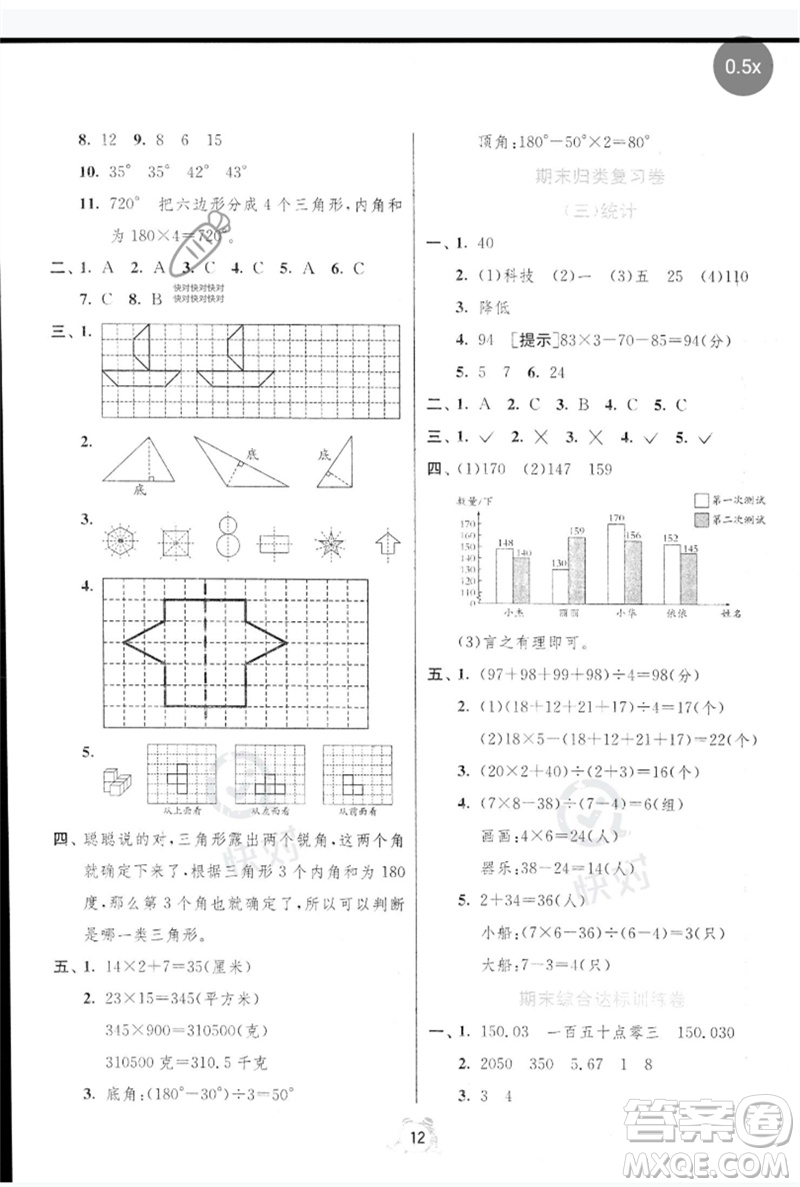 江蘇人民出版社2023春單元雙測全優(yōu)測評卷四年級數(shù)學(xué)下冊人教版參考答案