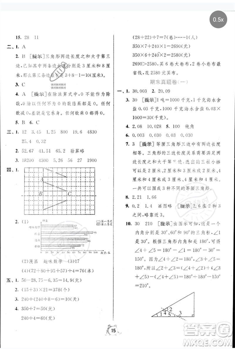 江蘇人民出版社2023春單元雙測全優(yōu)測評卷四年級數(shù)學(xué)下冊人教版參考答案