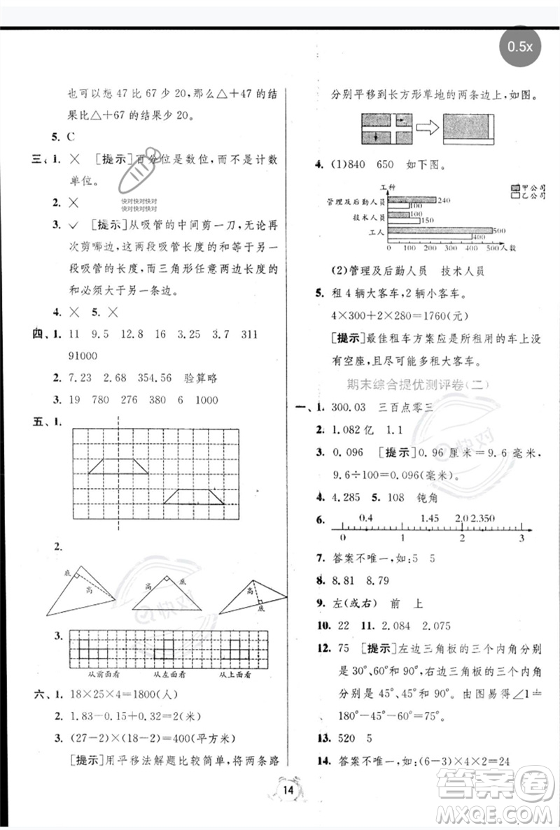 江蘇人民出版社2023春單元雙測全優(yōu)測評卷四年級數(shù)學(xué)下冊人教版參考答案