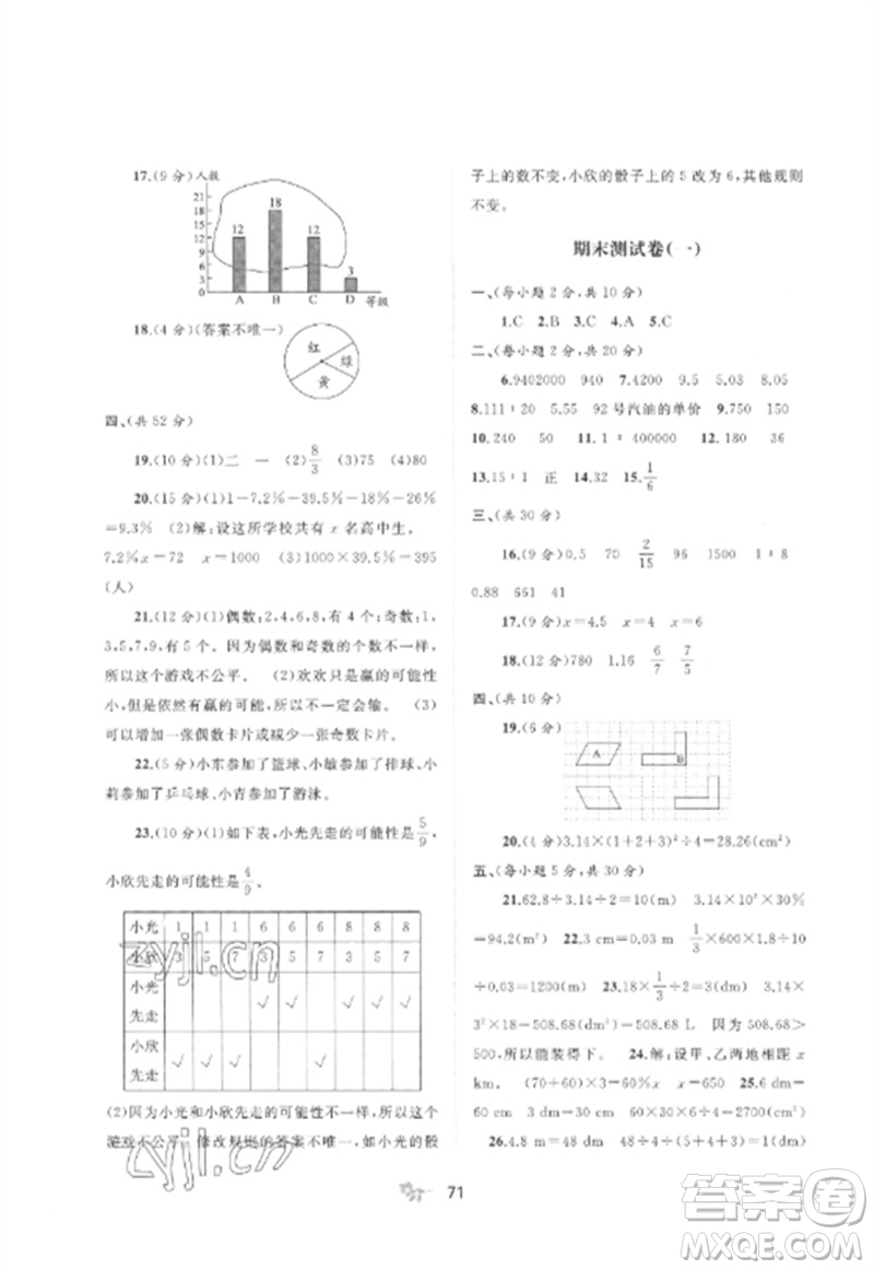 廣西師范大學(xué)出版社2023新課程學(xué)習(xí)與測(cè)評(píng)單元雙測(cè)六年級(jí)數(shù)學(xué)下冊(cè)北師大版D版參考答案