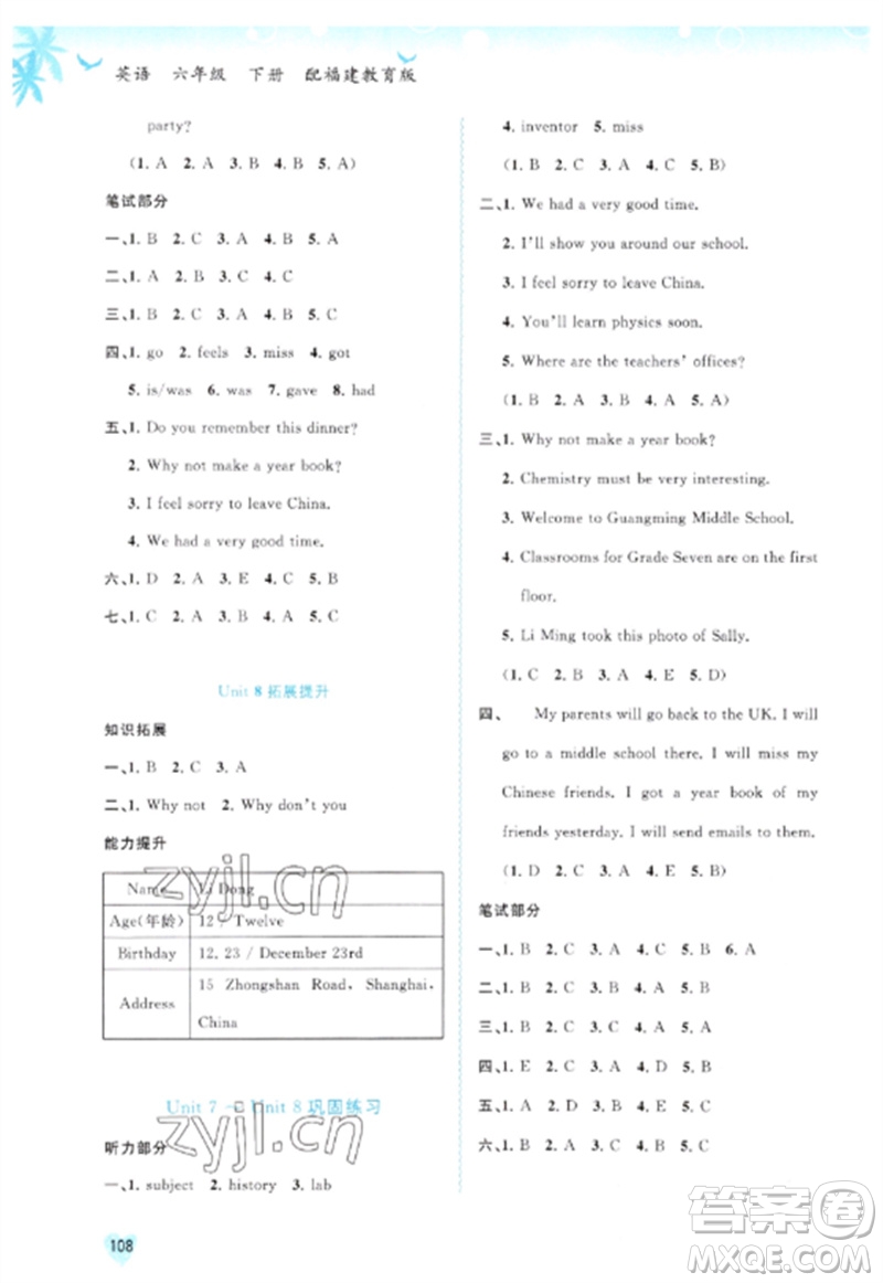 廣西師范大學(xué)出版社2023新課程學(xué)習(xí)與測評同步學(xué)習(xí)六年級英語下冊福建教育版參考答案