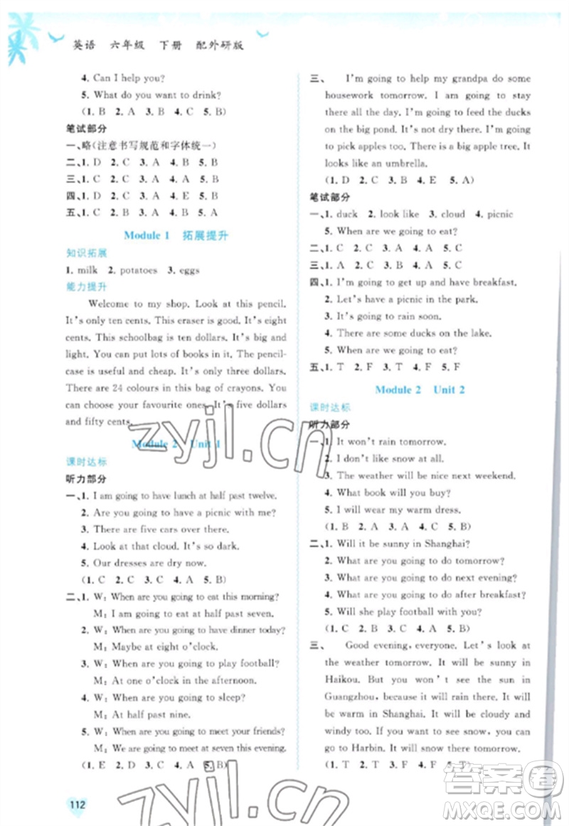 廣西師范大學(xué)出版社2023新課程學(xué)習(xí)與測(cè)評(píng)同步學(xué)習(xí)六年級(jí)英語(yǔ)下冊(cè)外研版參考答案