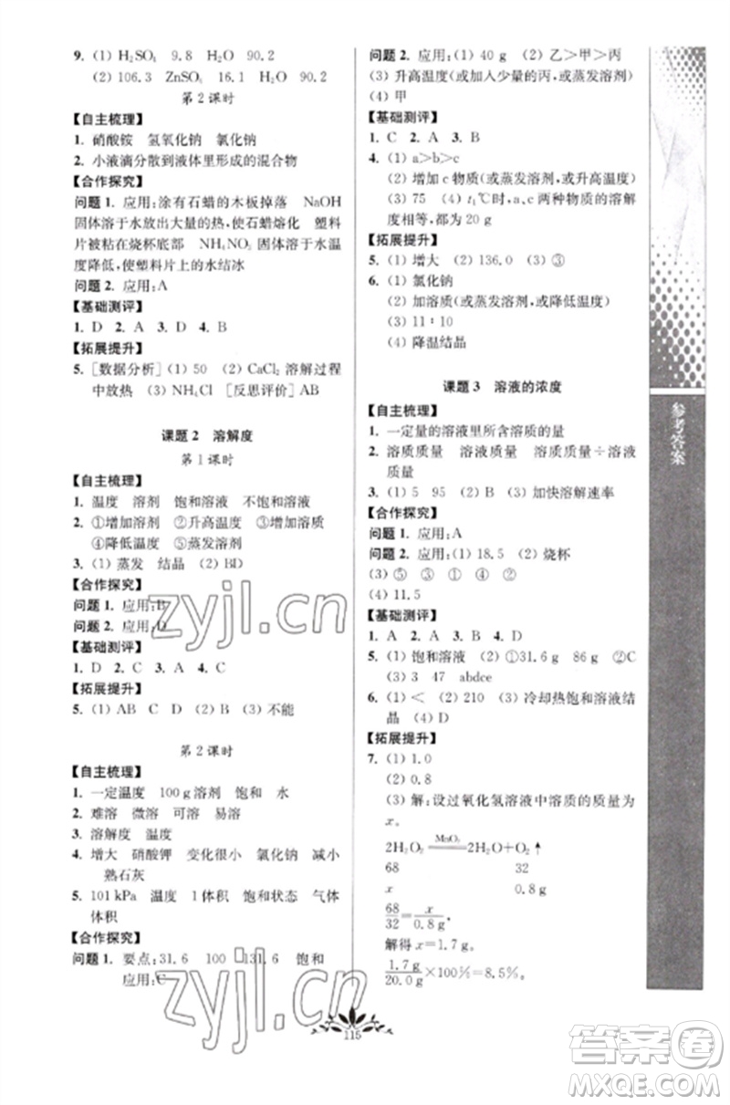 南京師范大學出版社2023新課程自主學習與測評九年級化學下冊人教版參考答案