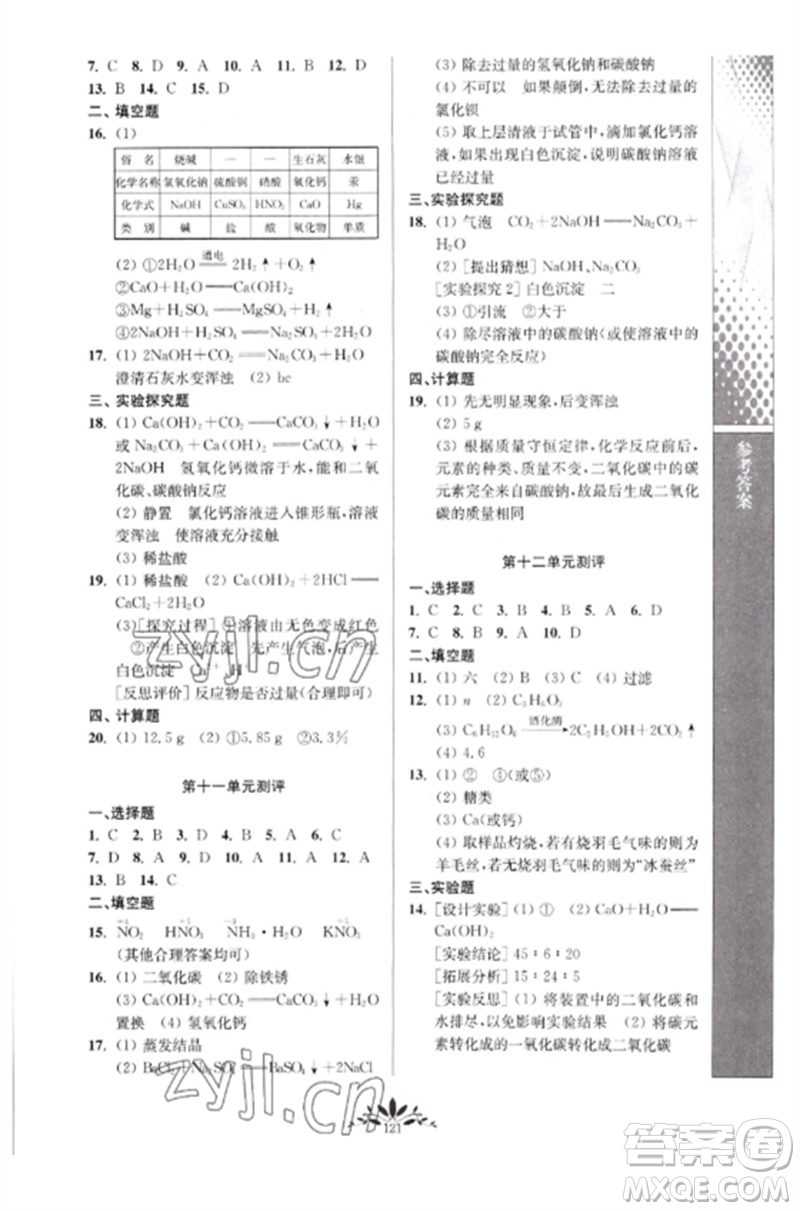 南京師范大學出版社2023新課程自主學習與測評九年級化學下冊人教版參考答案