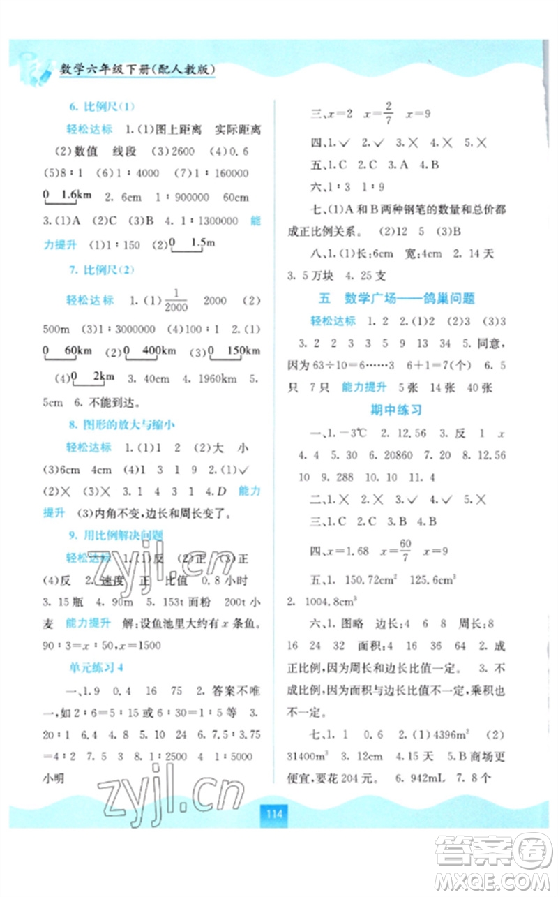 廣西教育出版社2023自主學(xué)習(xí)能力測(cè)評(píng)六年級(jí)數(shù)學(xué)下冊(cè)人教版參考答案