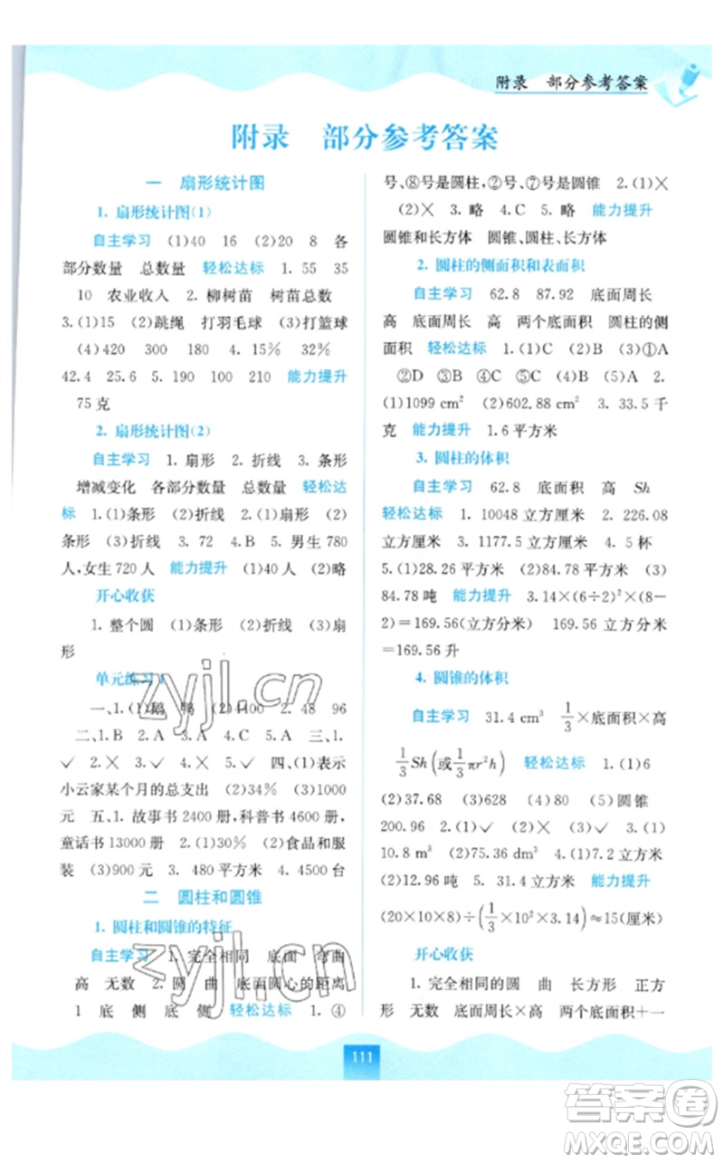 廣西教育出版社2023自主學(xué)習(xí)能力測評六年級數(shù)學(xué)下冊蘇教版參考答案