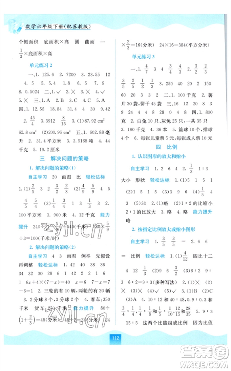 廣西教育出版社2023自主學(xué)習(xí)能力測評六年級數(shù)學(xué)下冊蘇教版參考答案