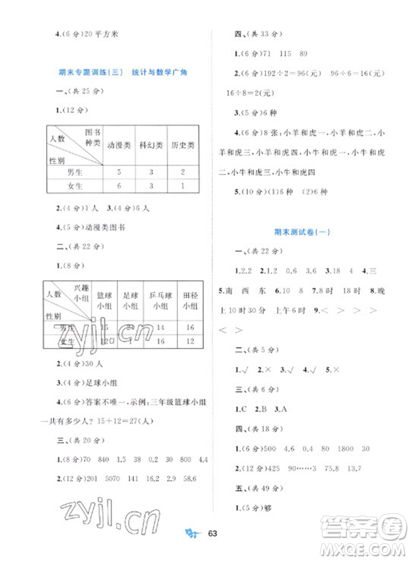 廣西師范大學出版社2023新課程學習與測評單元雙測三年級數(shù)學下冊人教版A版參考答案