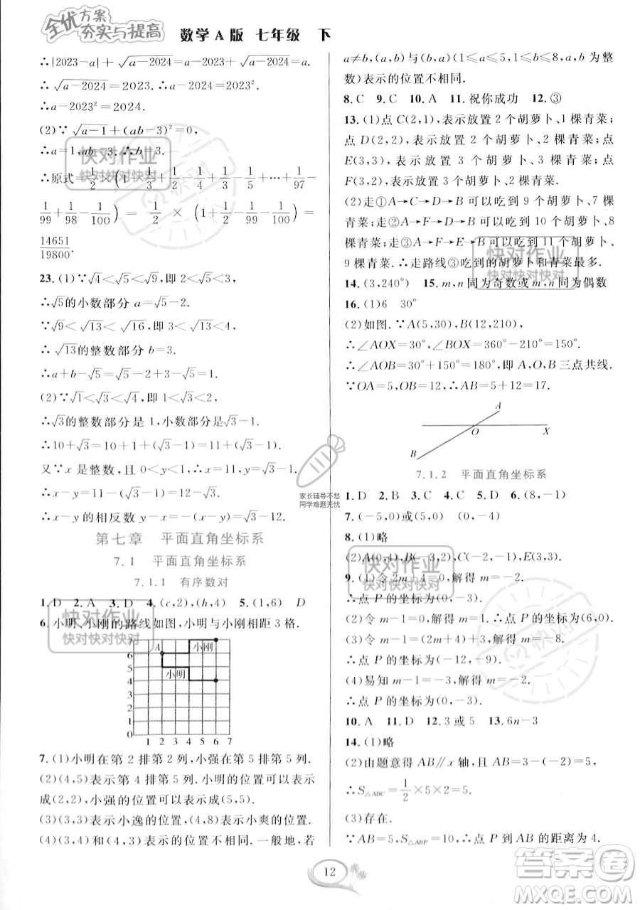 華東師范大學(xué)出版社2023全優(yōu)方案夯實(shí)與提高七年級下冊數(shù)學(xué)人教版A版參考答案