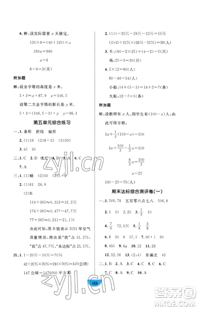 沈陽出版社2023黃岡名師天天練六年級數(shù)學下冊青島版參考答案