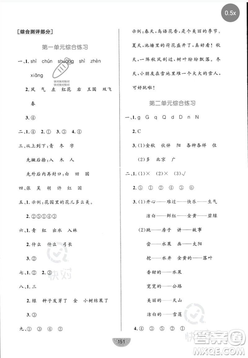 沈陽(yáng)出版社2023黃岡名師天天練一年級(jí)語(yǔ)文下冊(cè)人教版參考答案