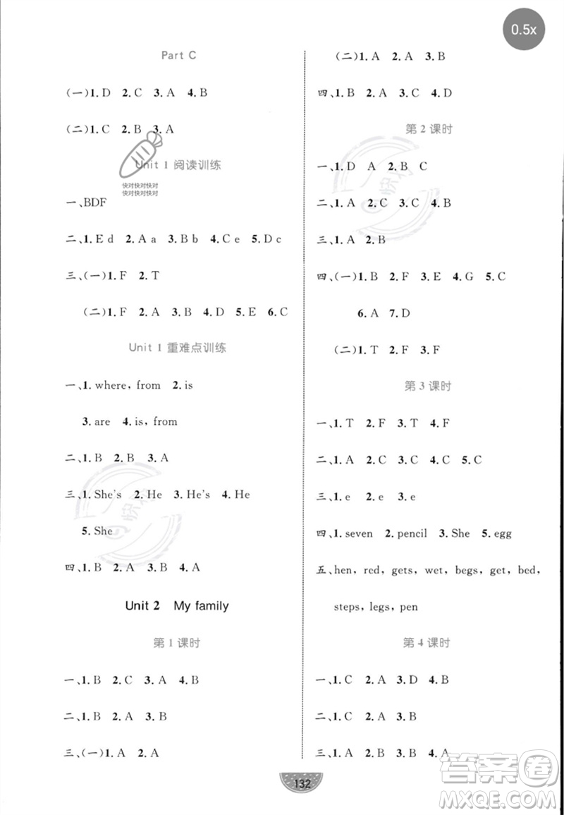 沈陽(yáng)出版社2023黃岡名師天天練三年級(jí)英語(yǔ)下冊(cè)人教PEP版參考答案