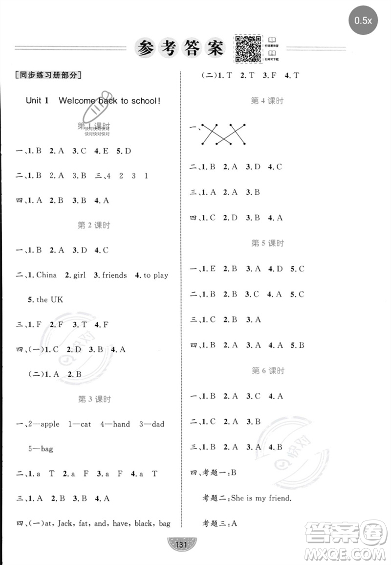 沈陽(yáng)出版社2023黃岡名師天天練三年級(jí)英語(yǔ)下冊(cè)人教PEP版參考答案