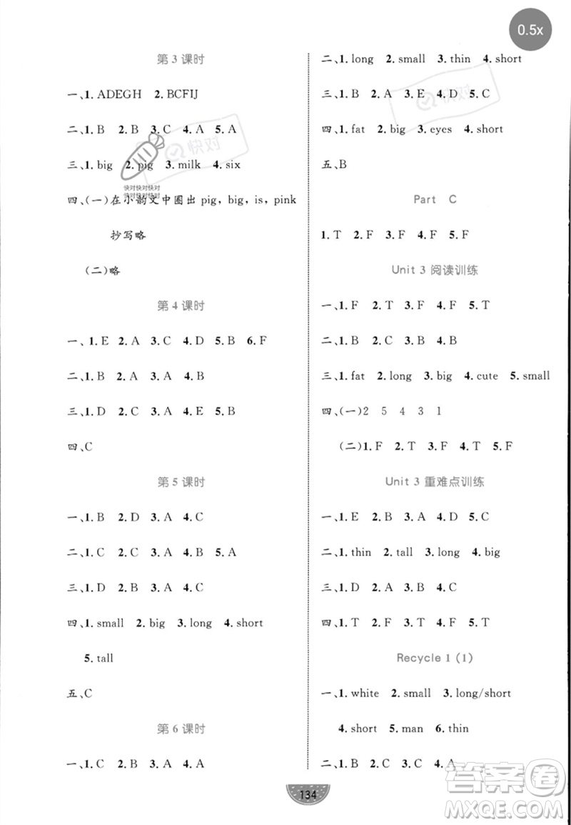 沈陽(yáng)出版社2023黃岡名師天天練三年級(jí)英語(yǔ)下冊(cè)人教PEP版參考答案