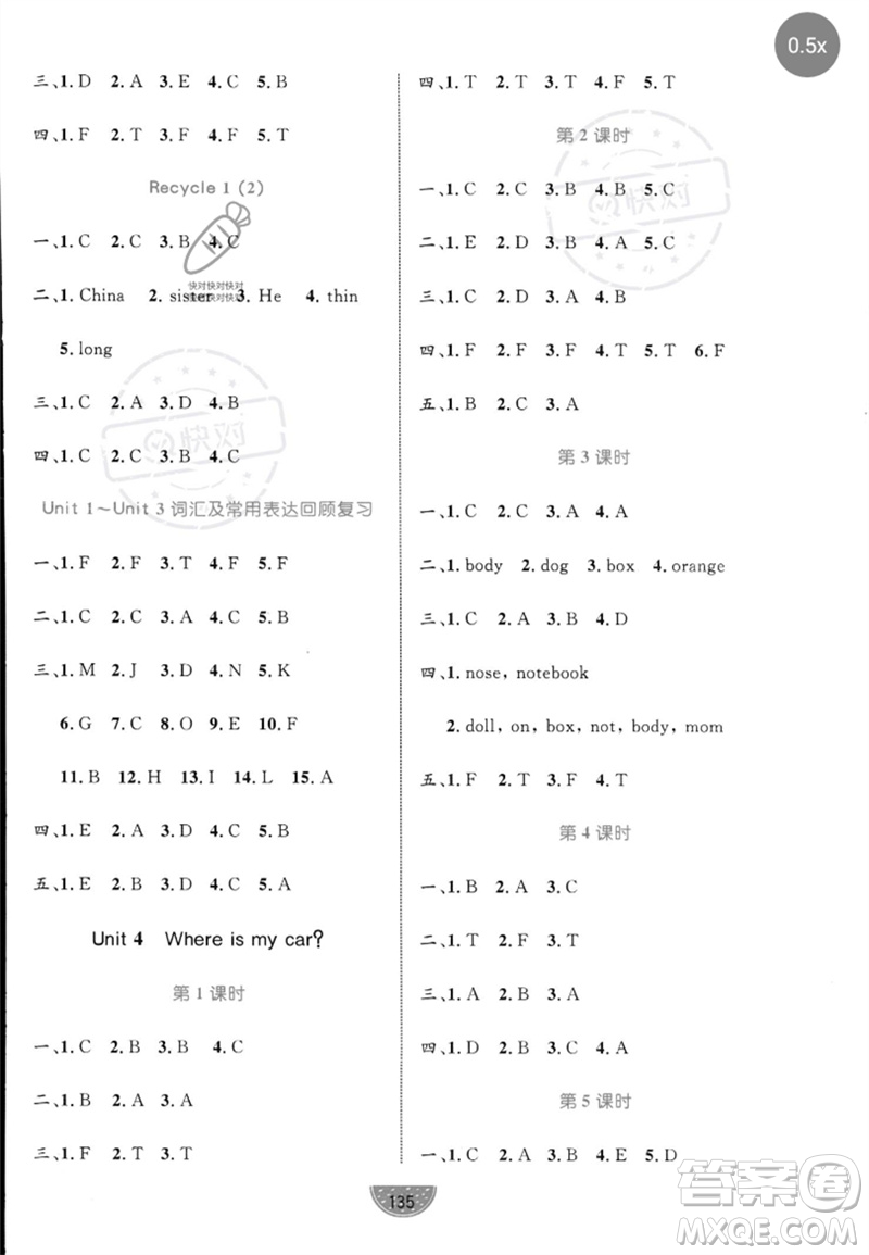 沈陽(yáng)出版社2023黃岡名師天天練三年級(jí)英語(yǔ)下冊(cè)人教PEP版參考答案