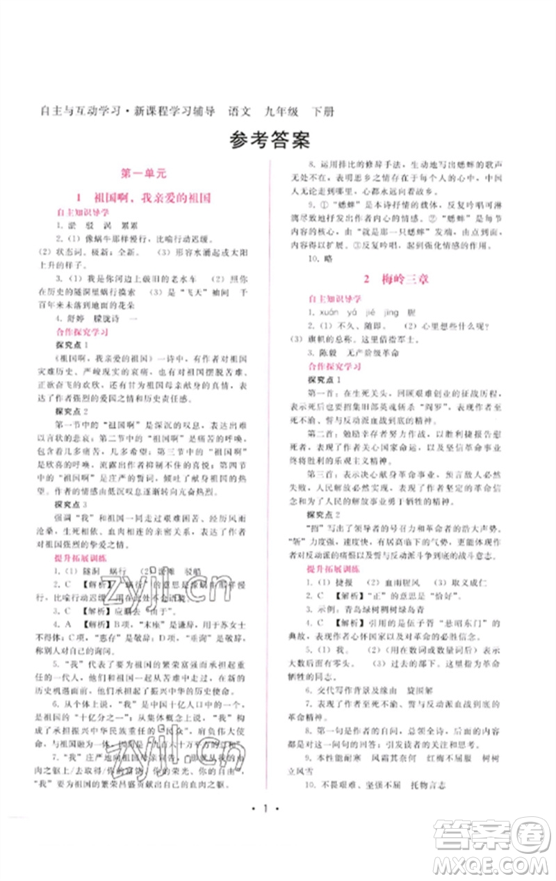 廣西師范大學出版社2023新課程學習輔導九年級語文下冊人教版參考答案