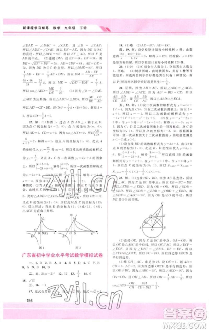 廣西師范大學出版社2023新課程學習輔導九年級數學下冊人教版參考答案