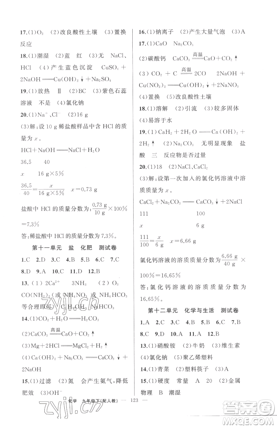 新疆青少年出版社2023黃岡金牌之路練闖考九年級下冊化學(xué)人教版參考答案