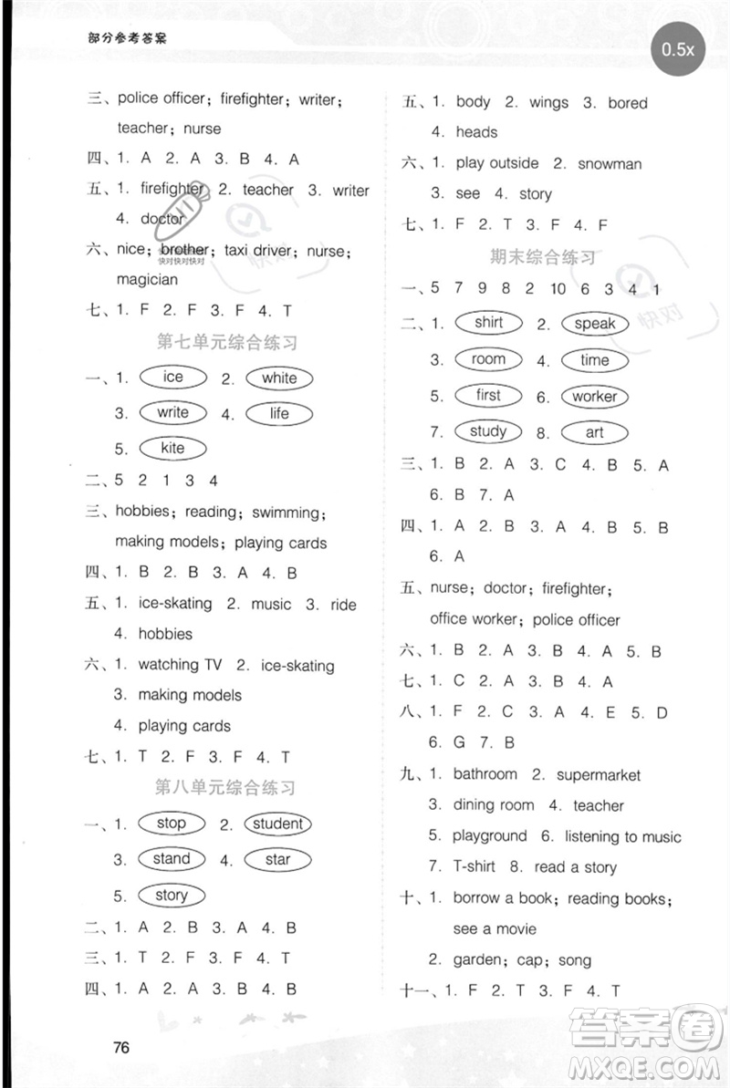 廣西師范大學(xué)出版社2023新課程學(xué)習(xí)輔導(dǎo)四年級英語下冊粵人版參考答案