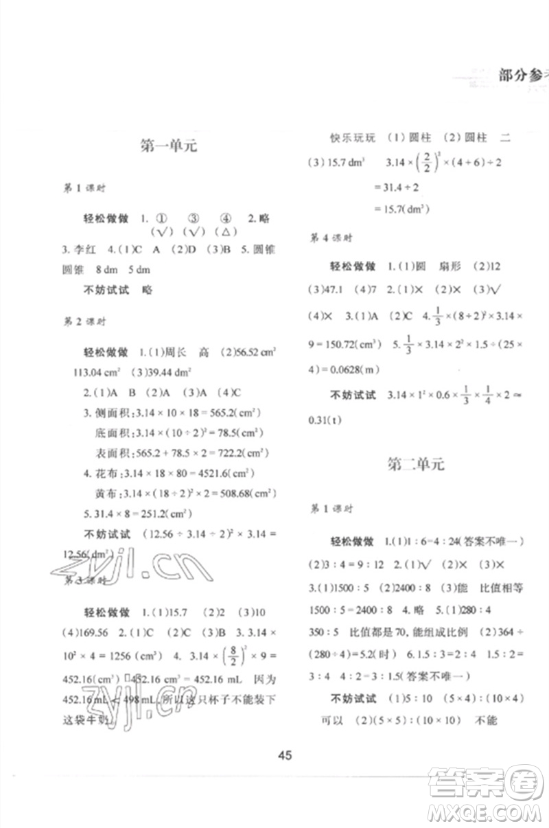 陜西人民教育出版社2023新課程學(xué)習(xí)與評(píng)價(jià)六年級(jí)數(shù)學(xué)下冊(cè)北師大版參考答案