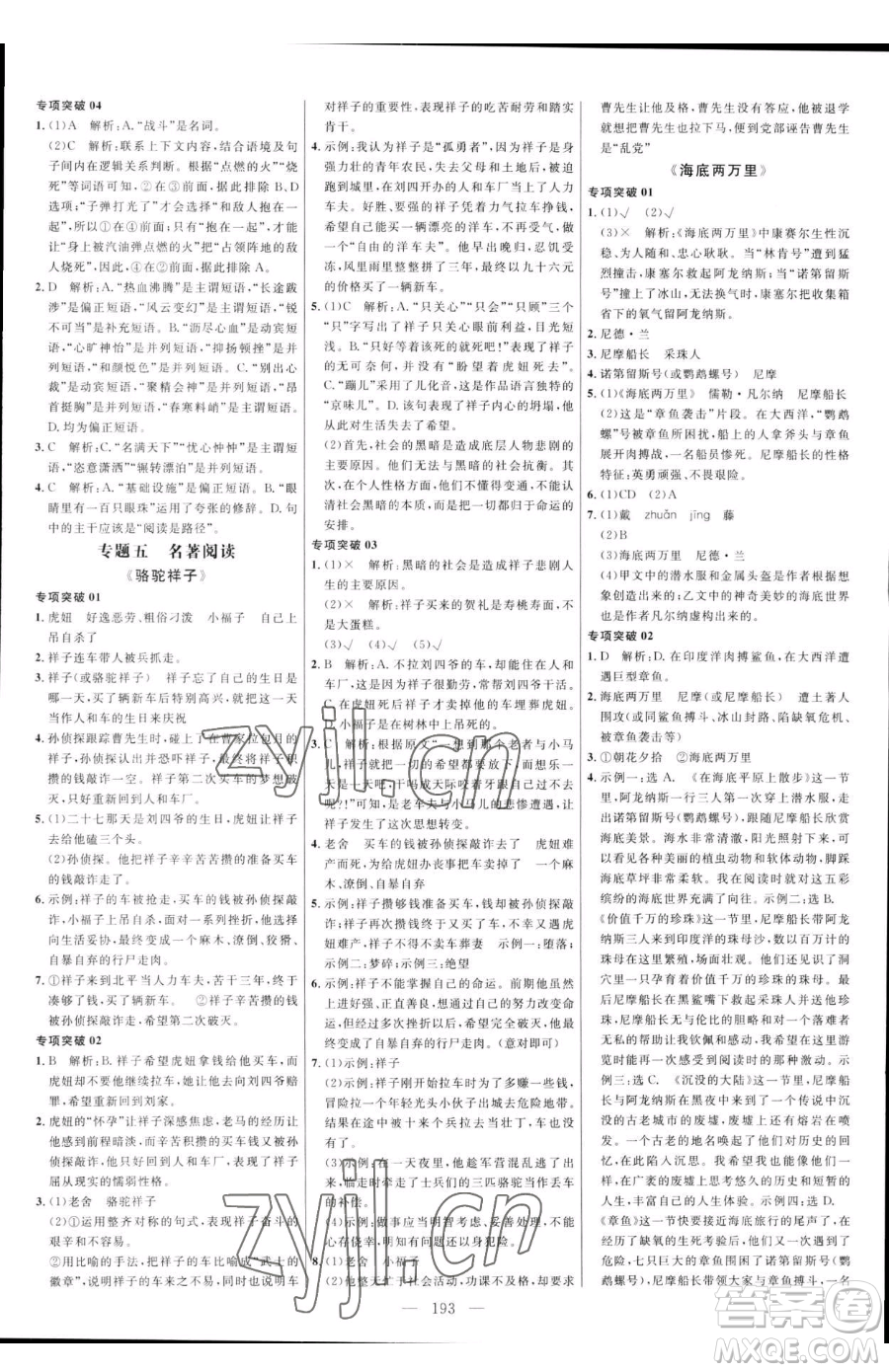 延邊大學(xué)出版社2023細(xì)解巧練七年級下冊語文人教版五四制參考答案