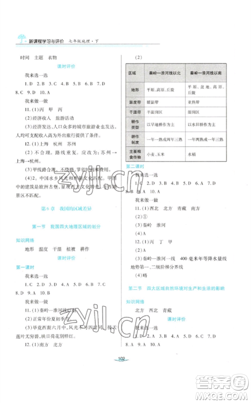 陜西人民教育出版社2023新課程學(xué)習(xí)與評價七年級地理下冊中圖版參考答案